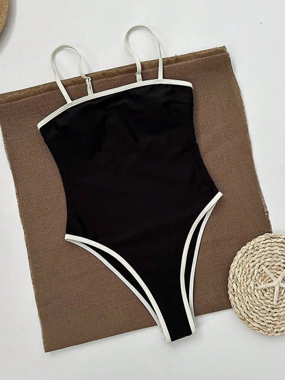Damen Badeanzug Einteiler Hochbein Kontrastdetails