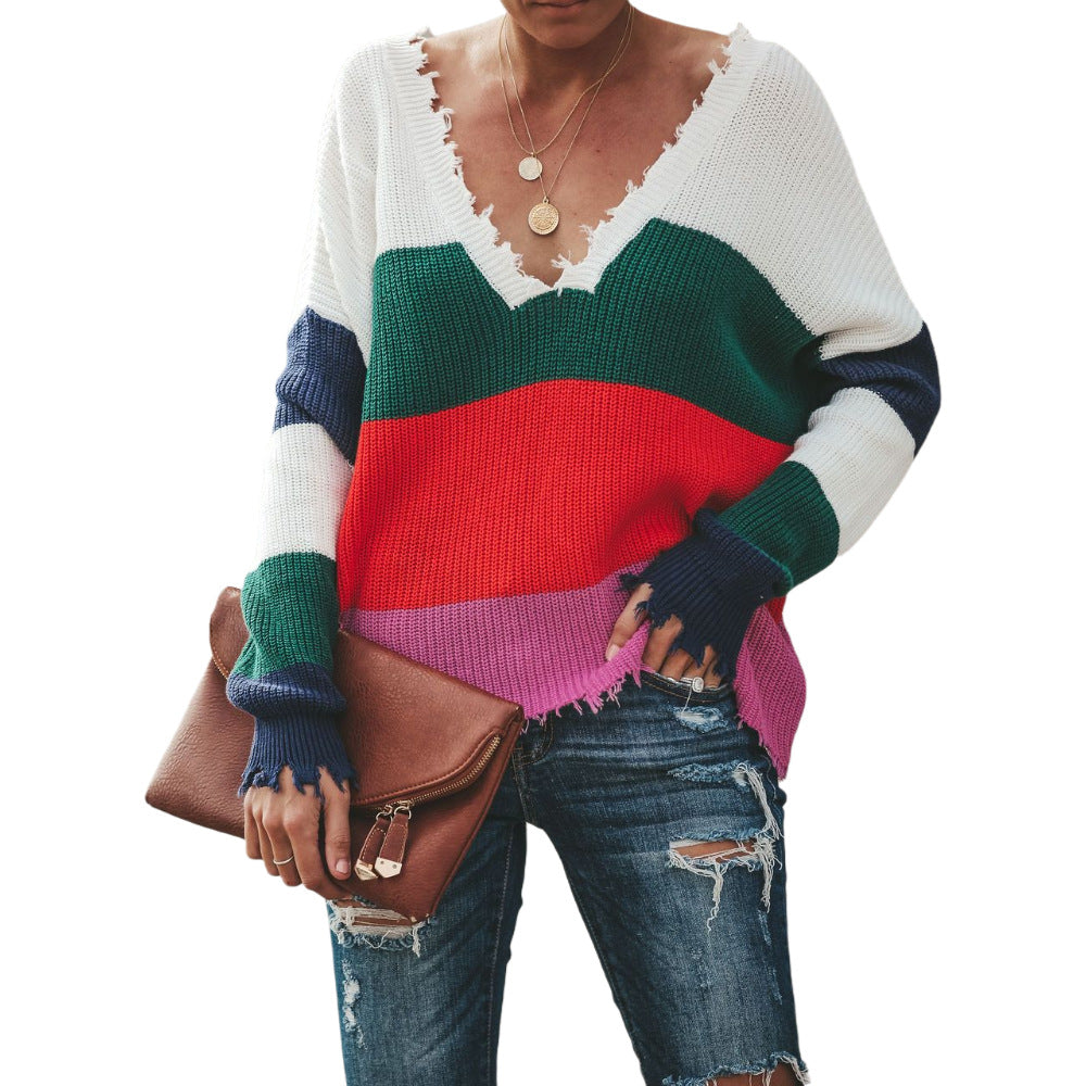 Damen Strickpullover V-Ausschnitt Streifenmuster Norvielle