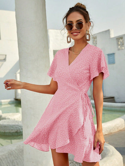 Rotes Wickelkleid mit Punkten Sommer Kurzkleid Damen Volants