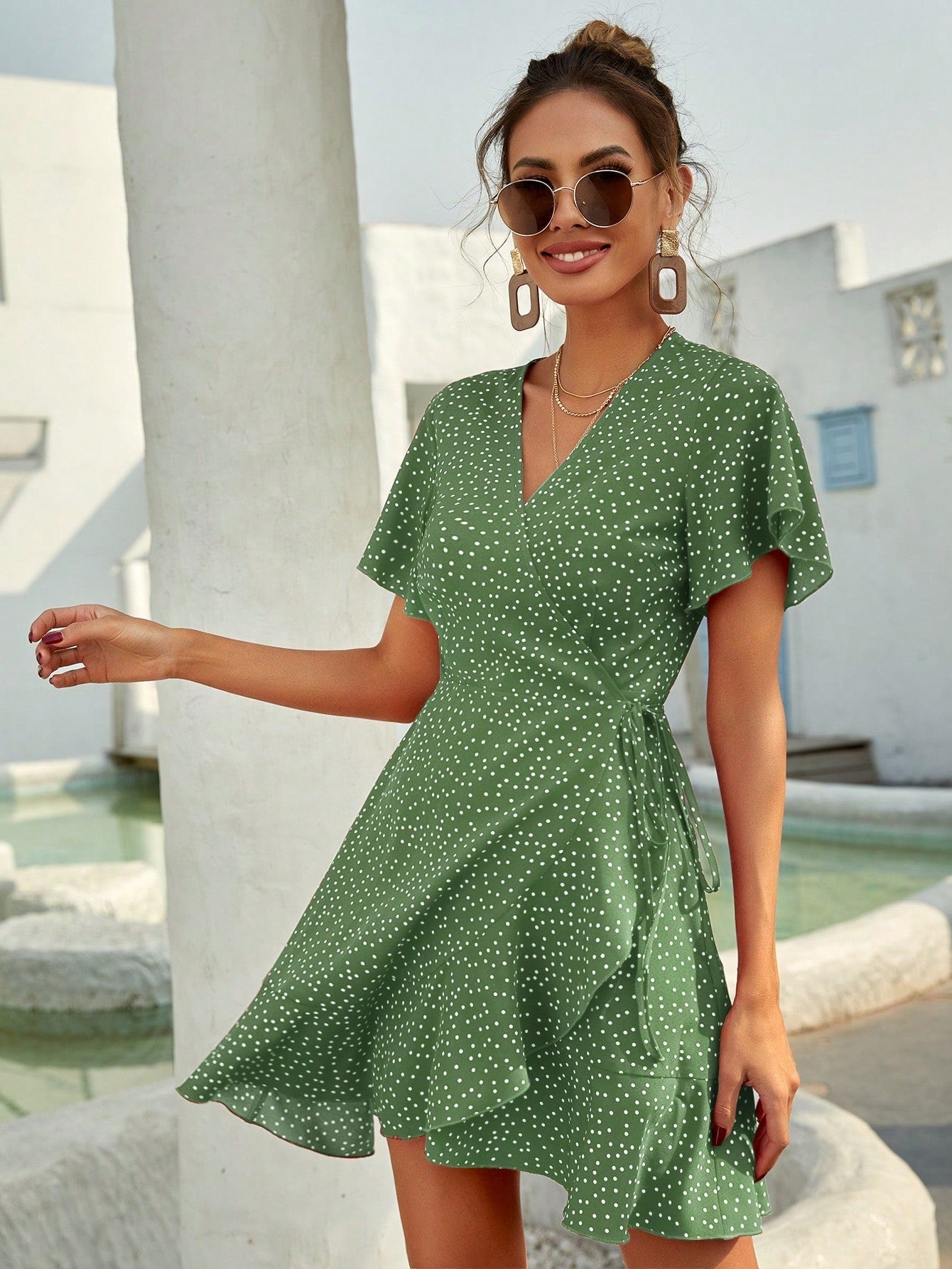 Rotes Wickelkleid mit Punkten Sommer Kurzkleid Damen Volants