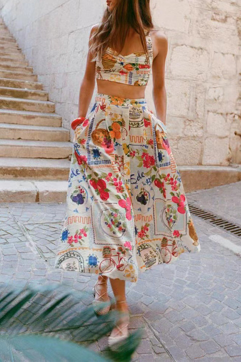 Damen Zweiteiliges Set Floralprint Rüschen Quadratausschnitt