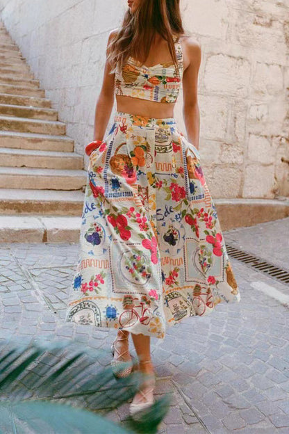 Damen Zweiteiliges Set Floralprint Rüschen Quadratausschnitt