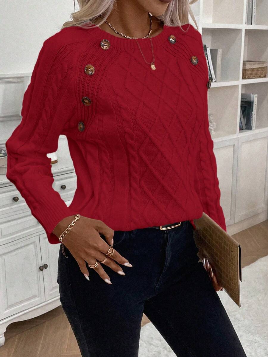 Clara Damenpullover Knopfdetails Zopfmuster