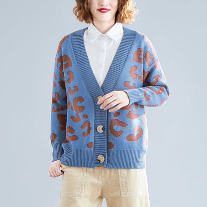 Damen Strickcardigan Leopardenmuster Knöpfe Beige