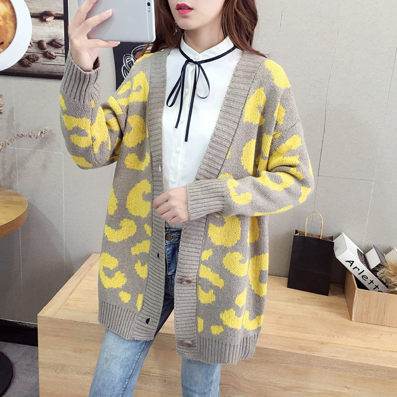 Damen Strickcardigan Leopardenmuster Knöpfe Beige