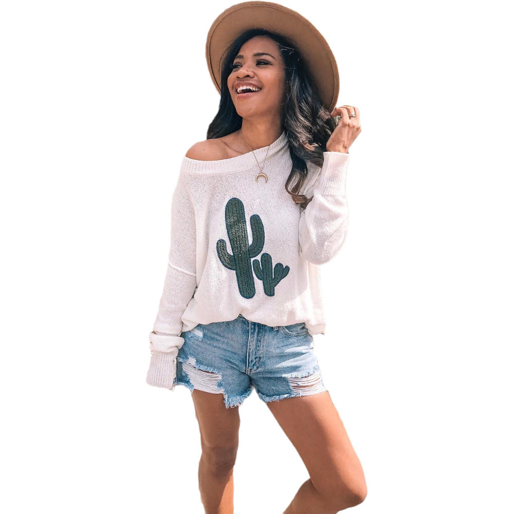 Damen Oversize Pullover Rundhalsausschnitt Cactus-Design Norvielle