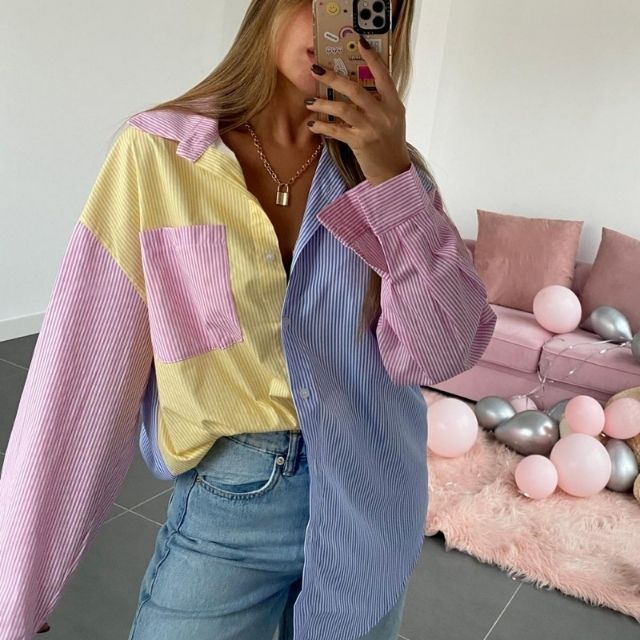 Damen Oversize Bluse Reverskragen Mehrfarbig Streifen