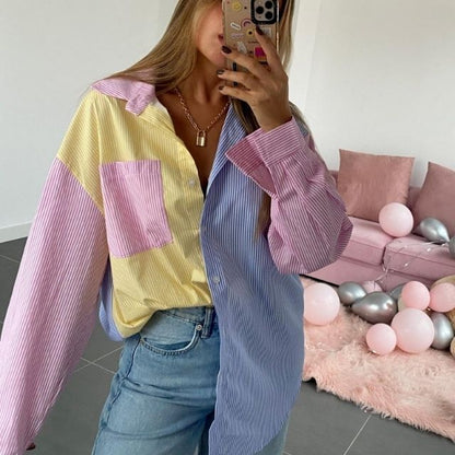 Damen Oversize Bluse Reverskragen Mehrfarbig Streifen