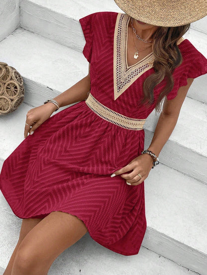 Damen Sommerkleid V-Ausschnitt Häkelrand Kurzarm Luftschnell