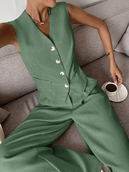 Damen Zweiteiler Ärmelloses Gilet und Weite Hose