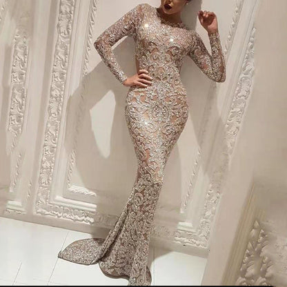 Damen Bronzing Kleid Langärmelig Slim Fit