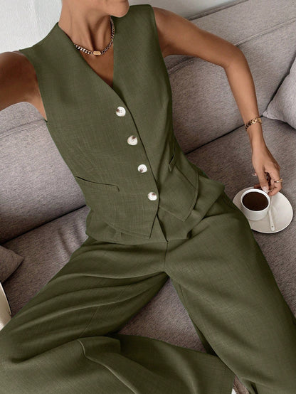 Damen Zweiteiler Weste Palazzo-Hose Elegantes Outfit