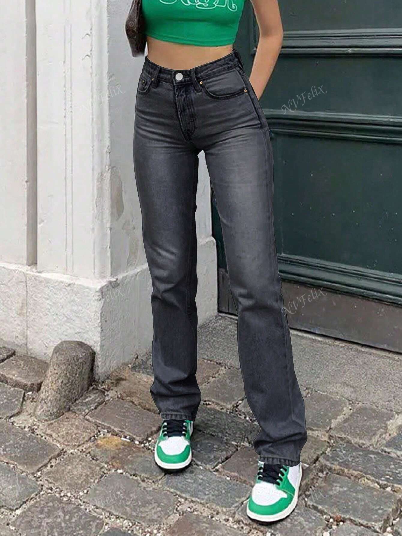 Hohe Taille Jeans Straight Leg Damen Baumwolle