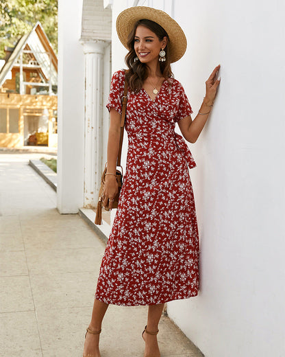 Damen Maxikleid Floralmuster Wickeldesign V-Ausschnitt