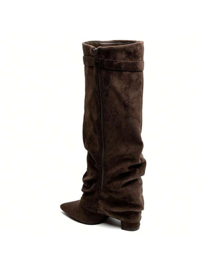 Damen Slouch Boots Faltstiefel Niedriger Absatz