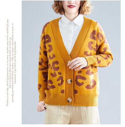 Damen Strickcardigan Leopardenmuster Knöpfe Beige