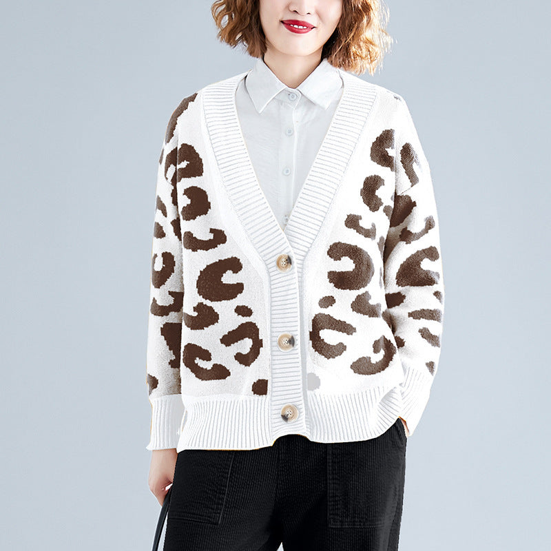 Damen Strickcardigan Leopardenmuster Knöpfe Beige - Norvielle