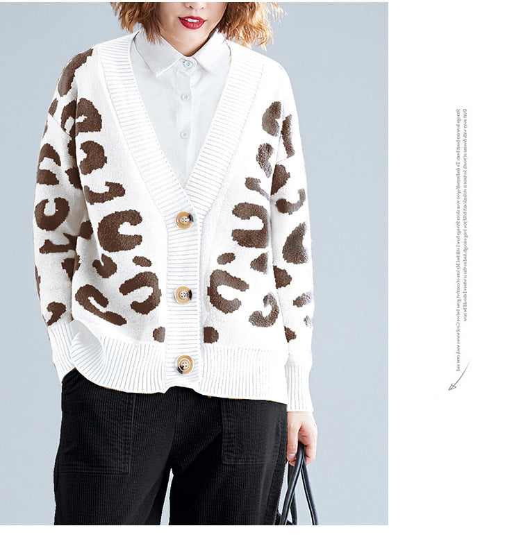 Damen Strickcardigan Leopardenmuster Knöpfe Beige
