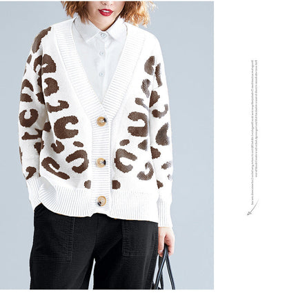 Damen Strickcardigan Leopardenmuster Knöpfe Beige