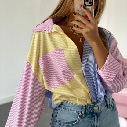 Damen Oversize Bluse Reverskragen Mehrfarbig Streifen