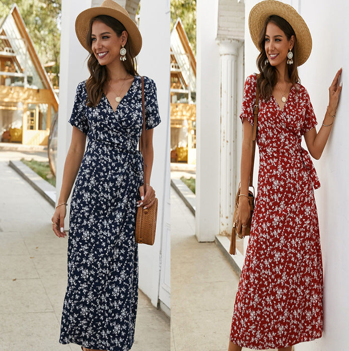 Damen Maxikleid Floralmuster Wickeldesign V-Ausschnitt - Norvielle