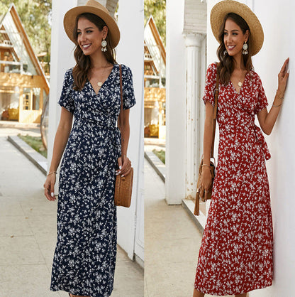 Damen Maxikleid Floralmuster Wickeldesign V-Ausschnitt - Norvielle