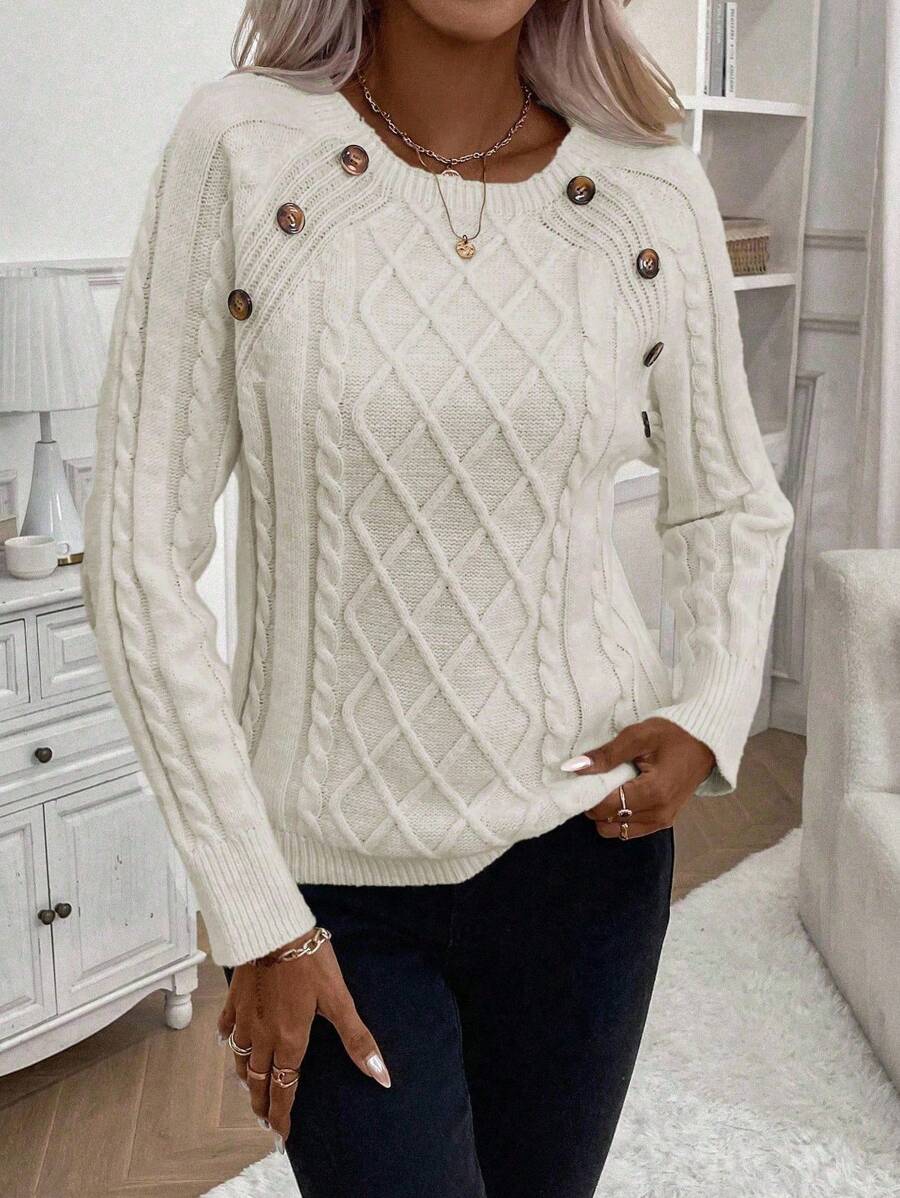Clara Damenpullover Knopfdetails Zopfmuster