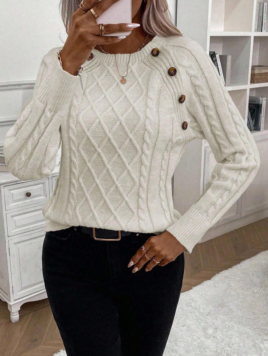Clara Damenpullover Knopfdetails Zopfmuster