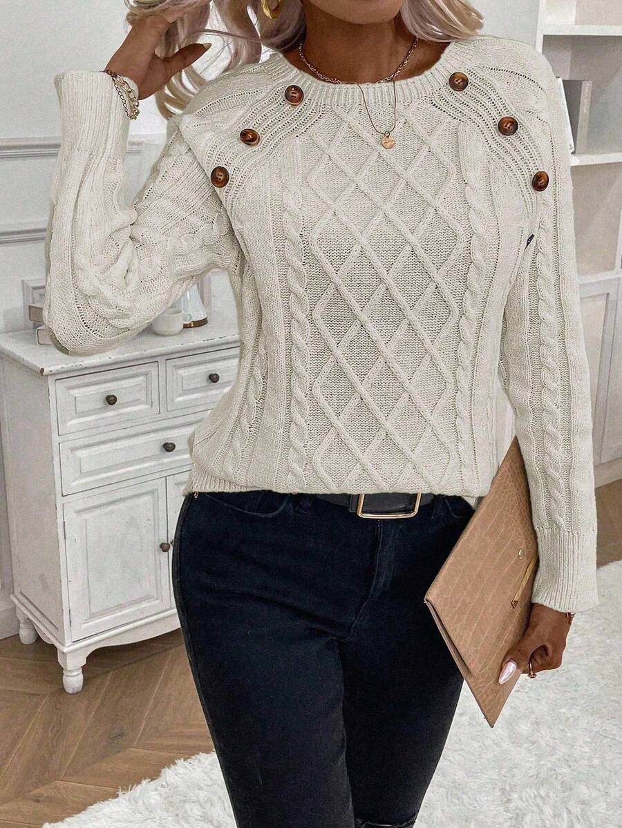 Clara Damenpullover Knopfdetails Zopfmuster
