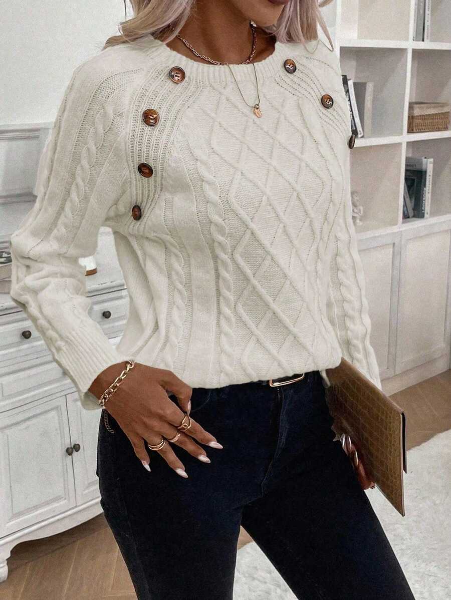 Clara Damenpullover Knopfdetails Zopfmuster