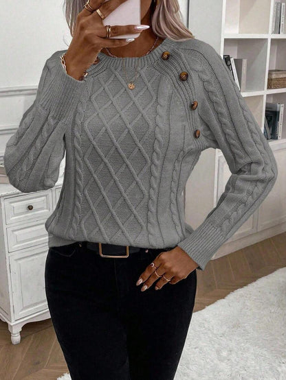 Clara Damenpullover Knopfdetails Zopfmuster