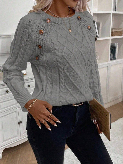 Clara Damenpullover Knopfdetails Zopfmuster