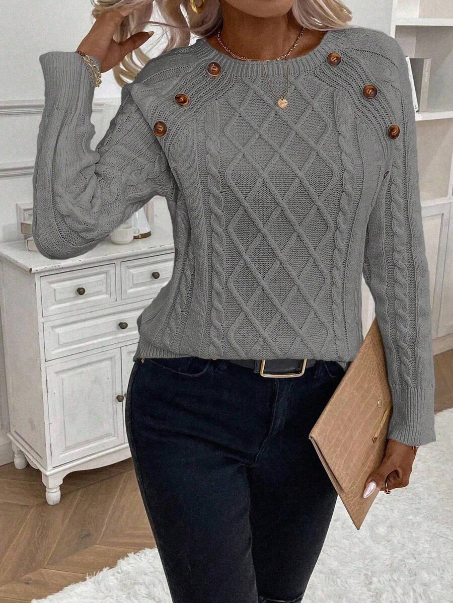 Clara Damenpullover Knopfdetails Zopfmuster