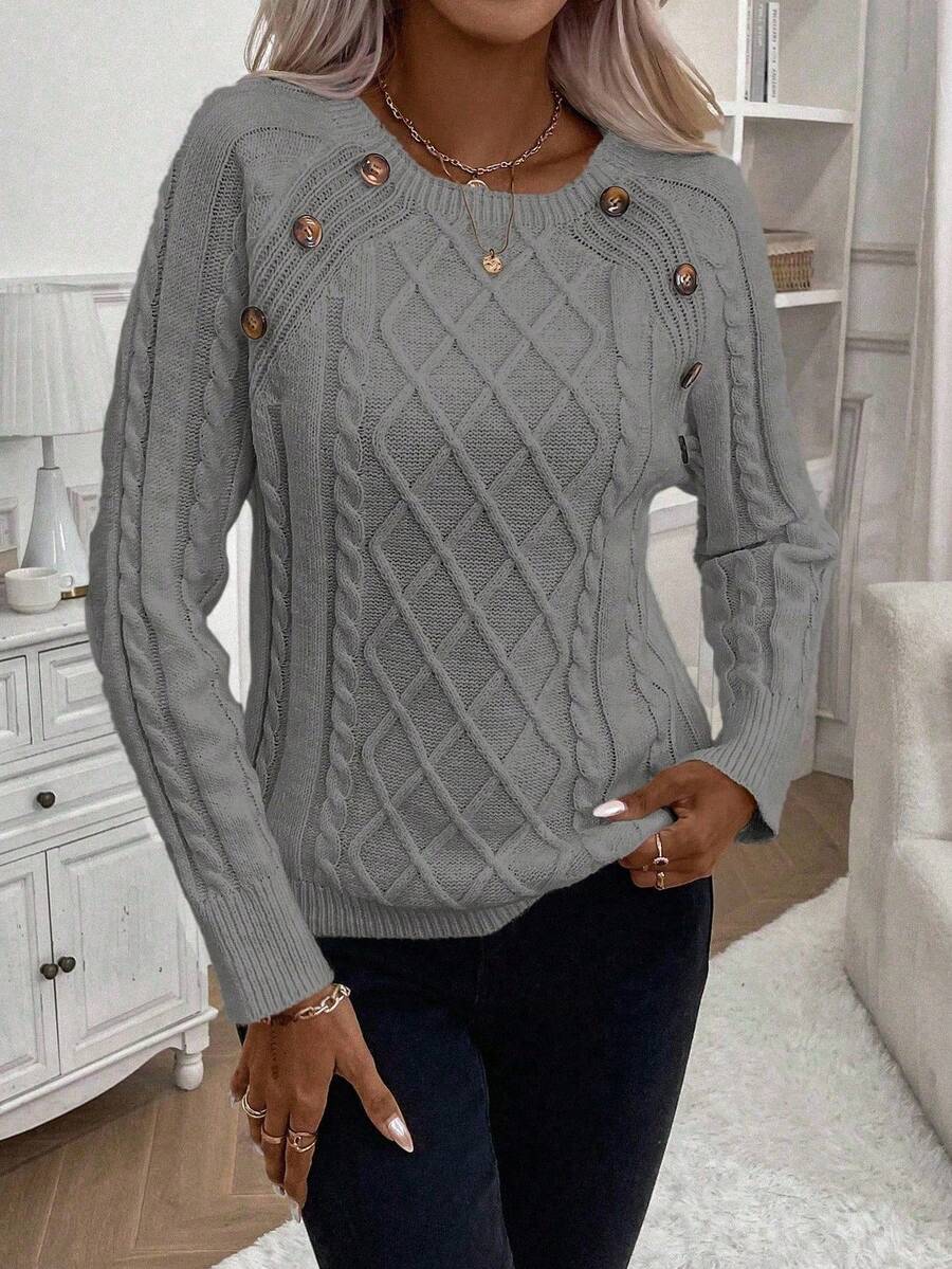 Clara Damenpullover Knopfdetails Zopfmuster