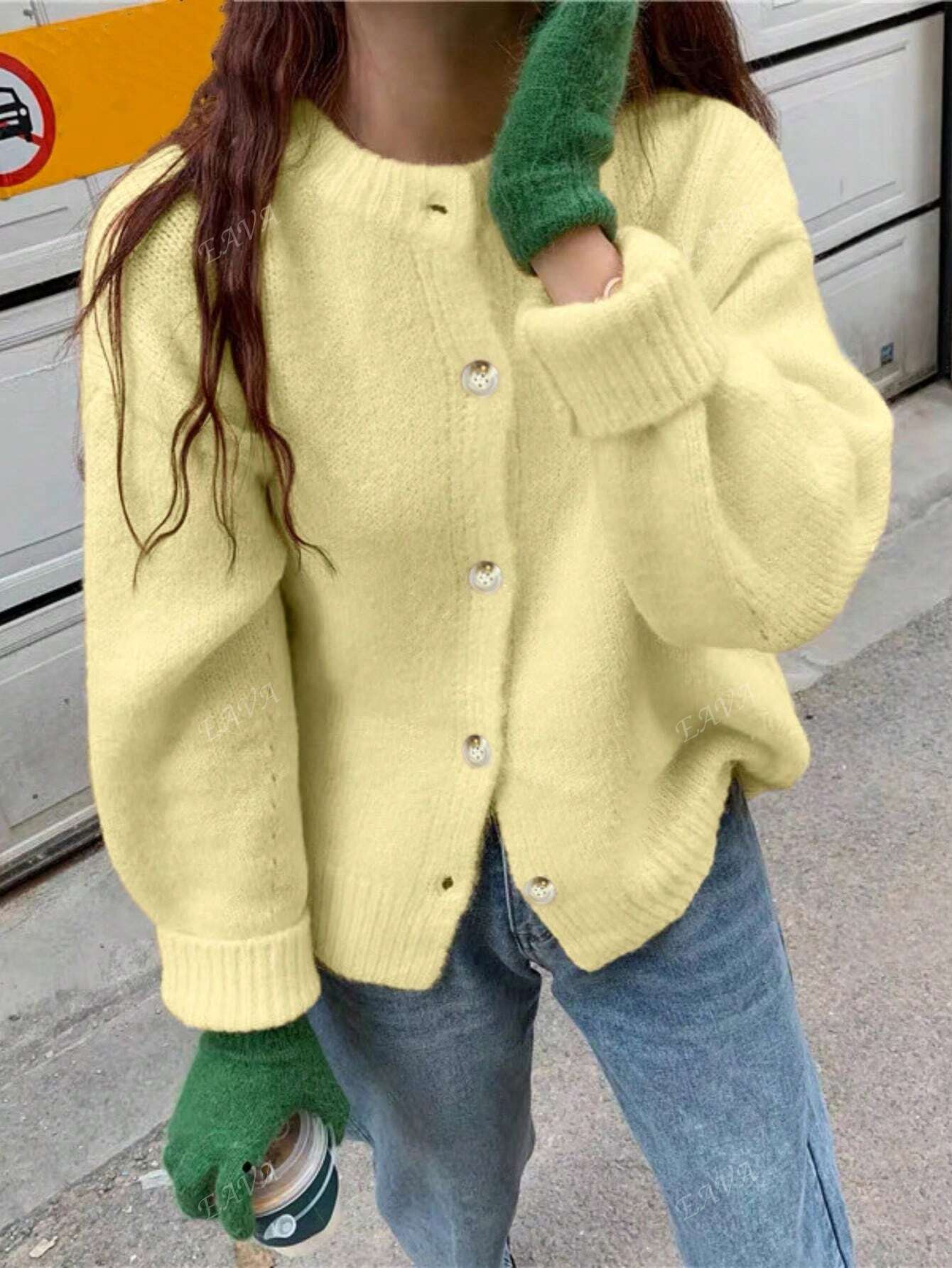 Bequemer Damen Oversized Pullover Rundhals mit Knöpfen - Norvielle
