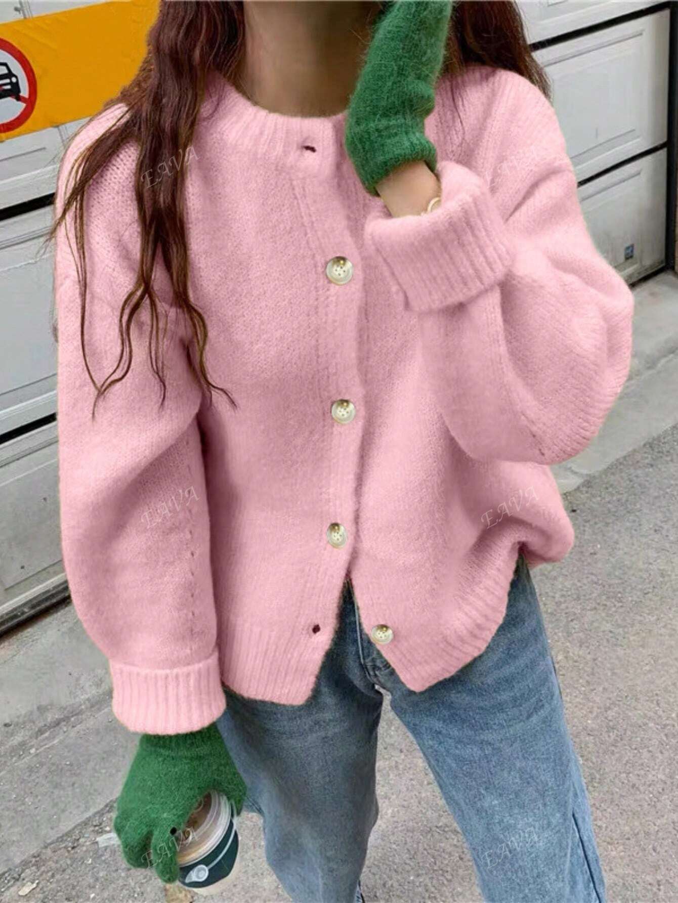 Bequemer Damen Oversized Pullover Rundhals mit Knöpfen