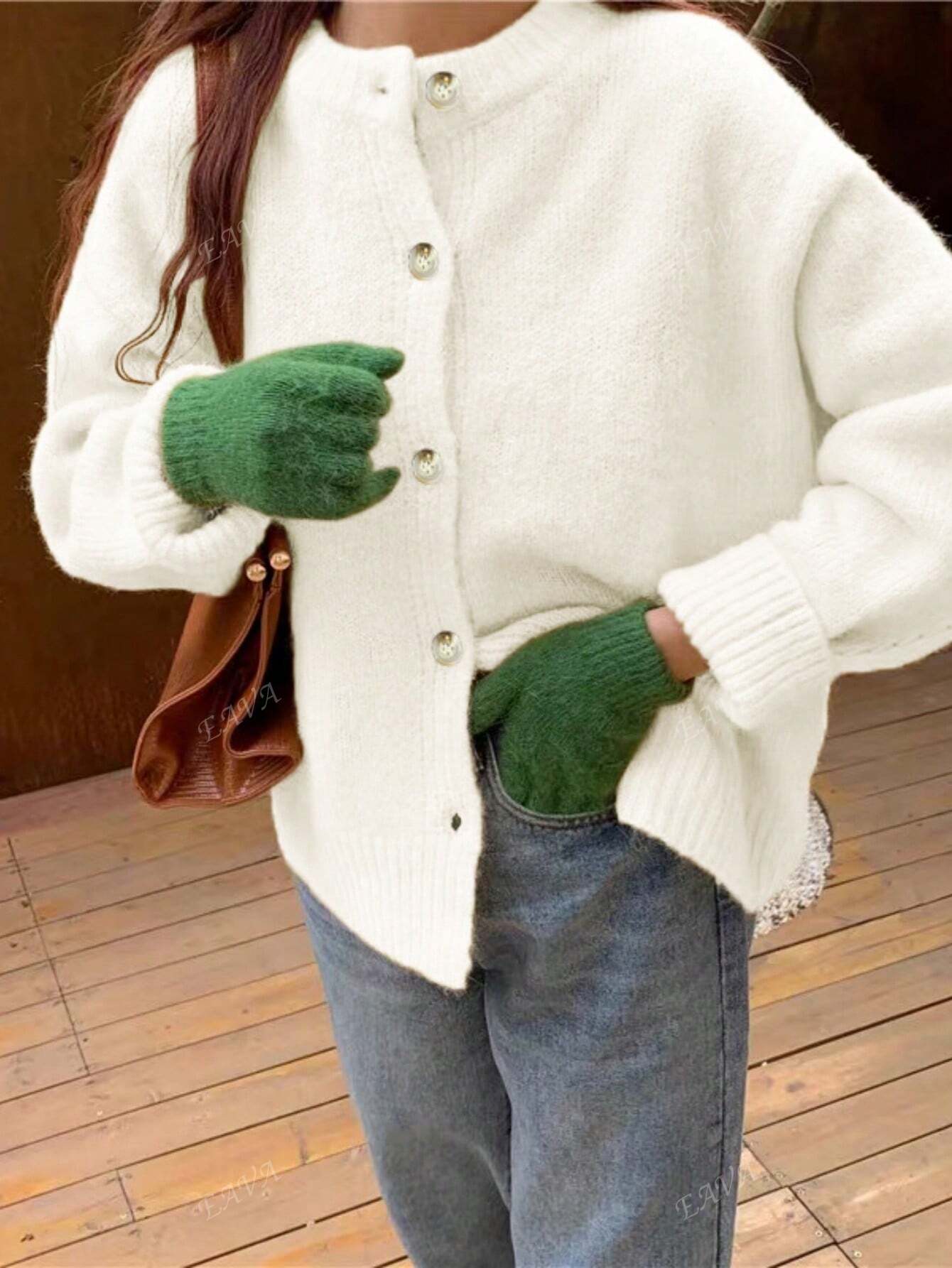 Bequemer Damen Oversized Pullover Rundhals mit Knöpfen