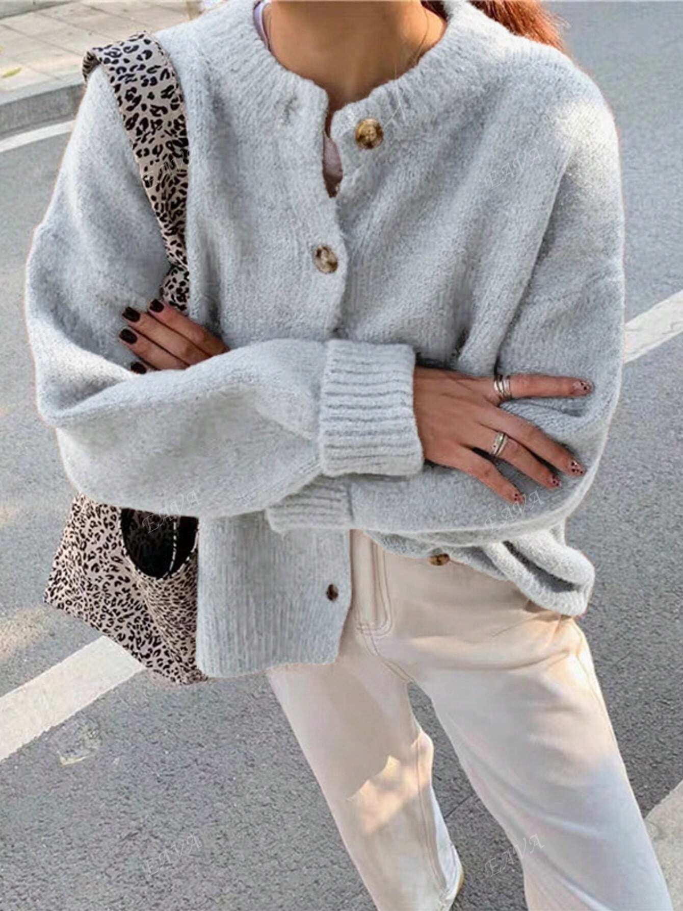 Bequemer Damen Oversized Pullover Rundhals mit Knöpfen
