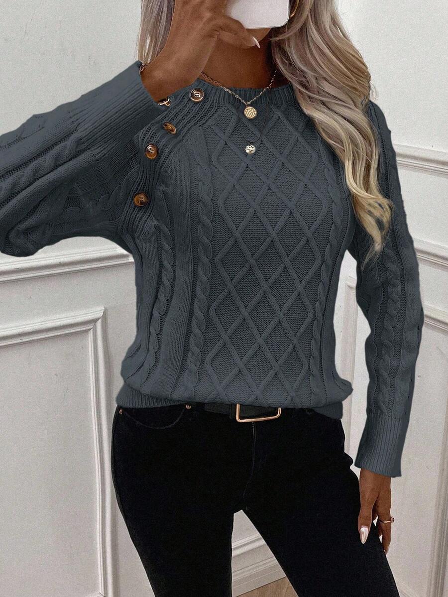 Clara Damenpullover Knopfdetails Zopfmuster