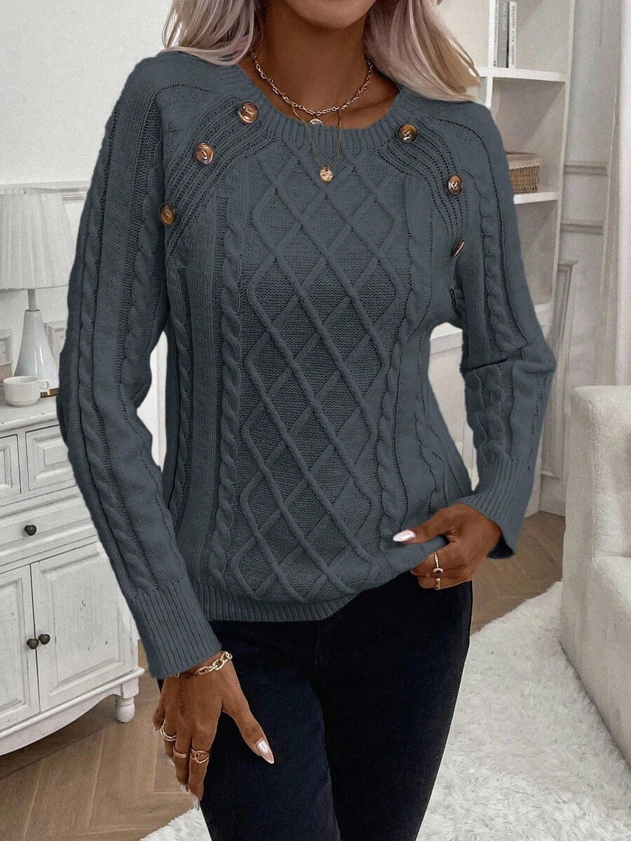 Clara Damenpullover Knopfdetails Zopfmuster
