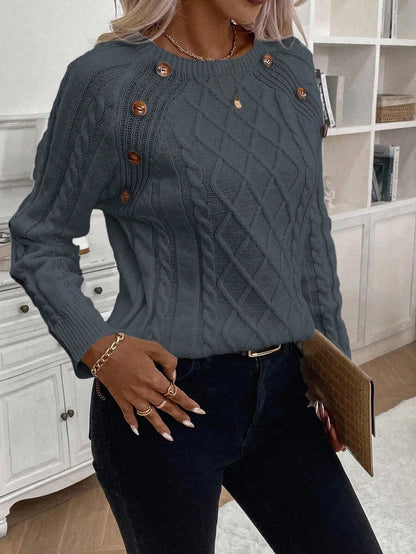 Clara Damenpullover Knopfdetails Zopfmuster
