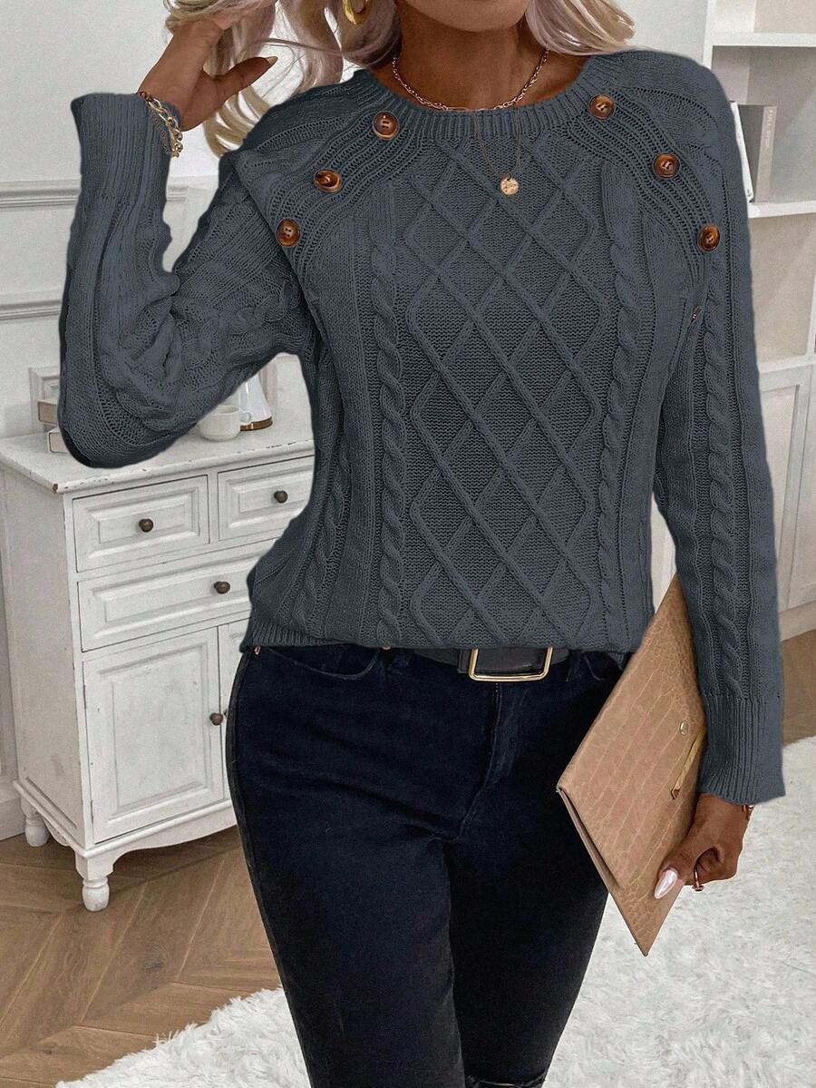 Clara Damenpullover Knopfdetails Zopfmuster