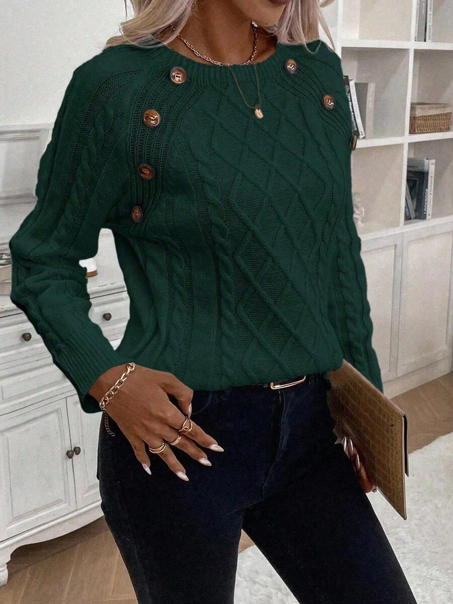 Clara Damenpullover Knopfdetails Zopfmuster
