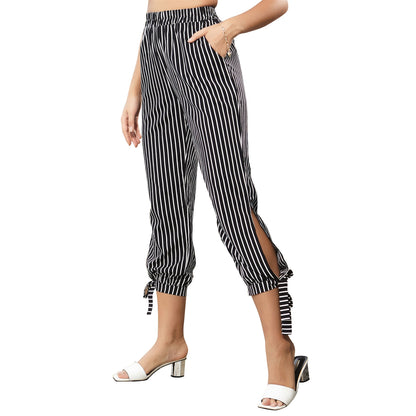 Damen Sommerhose Gestreift Elastischer Bund Beige