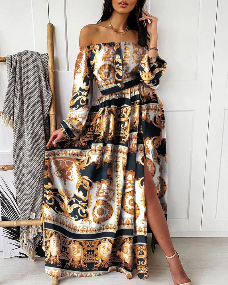 Damen Off-Shoulder Maxikleid Plissiert Hohes Schlitz