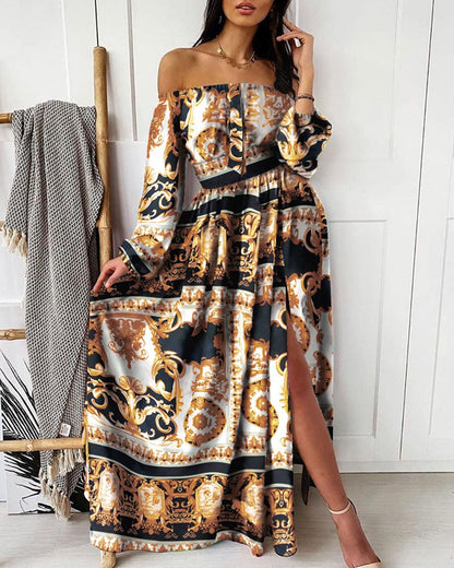 Damen Maxikleid Schulterfrei Elegant Print