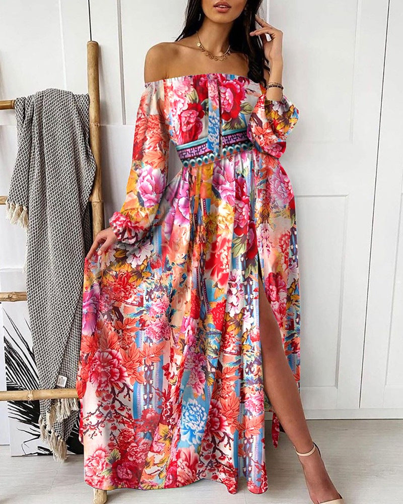 Damen Off-Shoulder Maxikleid Plissiert Hohes Schlitz