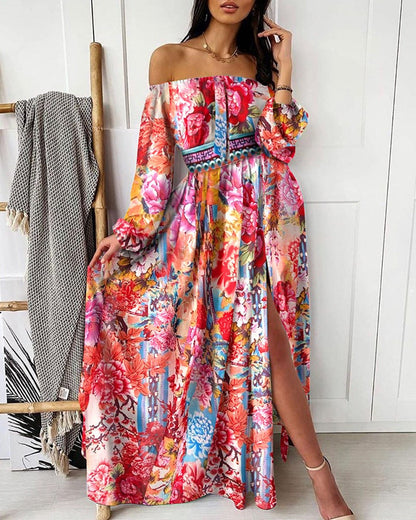 Damen Off-Shoulder Maxikleid Plissiert Hohes Schlitz