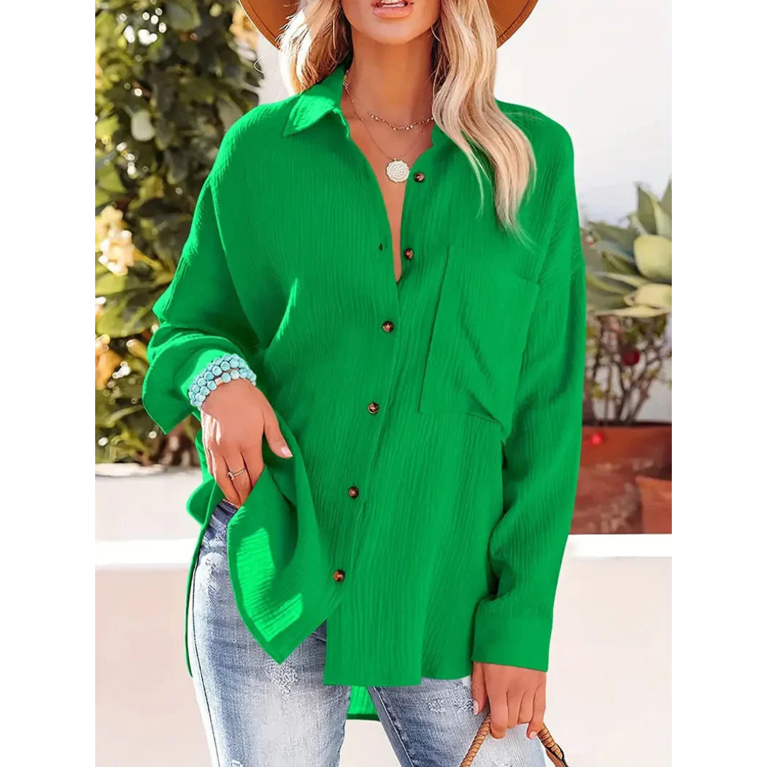 Damen Unifarben Bluse Knopfleiste Hemdkragen Langarm Elegante Bluse