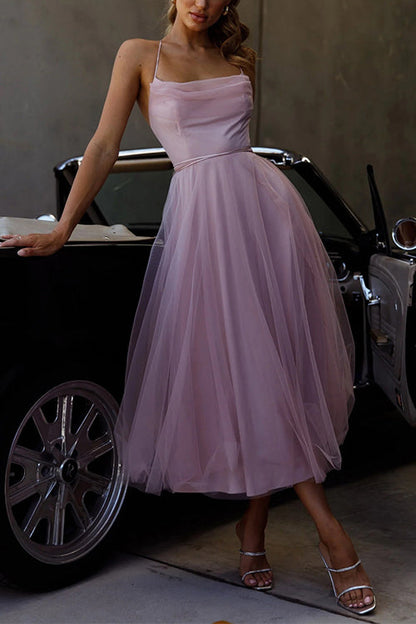 Norvielle Damen Tüll-Kleid Offener Rücken Tailliert Midi